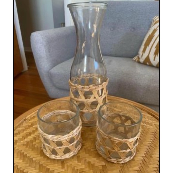 Other - Glass & wicker water carafe and drinking glasses